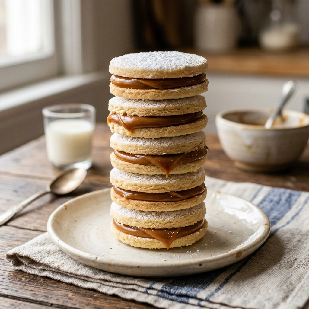 Stack of alfajores cookies with dulce de leche filling and powdered sugar on top